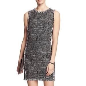 Banana Republic Black White Geo Tweed Sleeveless Shift Dress Fringe Trim Sz 6
